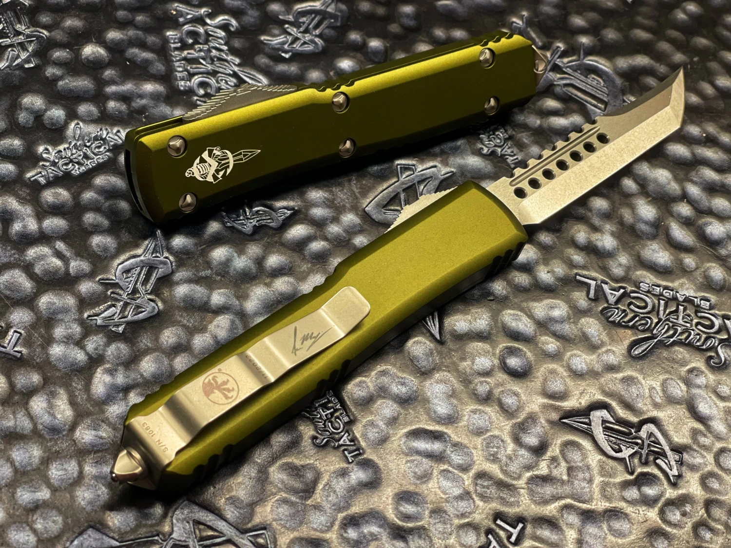 Microtech Ultratech Hellhound Stonewashed Standard OD Green Signature Series Off Automatic Knife 2 Microtech Ultratech Hellhound Stonewashed Standard OD Green Signature Series Off Automatic Knife - Image 2