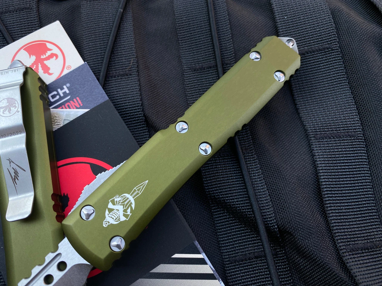 Microtech Ultratech Warhound OD Green Aluminum Body W/ Stonewashed Plain Edge Blade (3.4”) 119W-10ODS 4 Microtech Ultratech Warhound OD Green Aluminum Body W/ Stonewashed Plain Edge Blade (3.4”) 119W-10ODS - Image 4