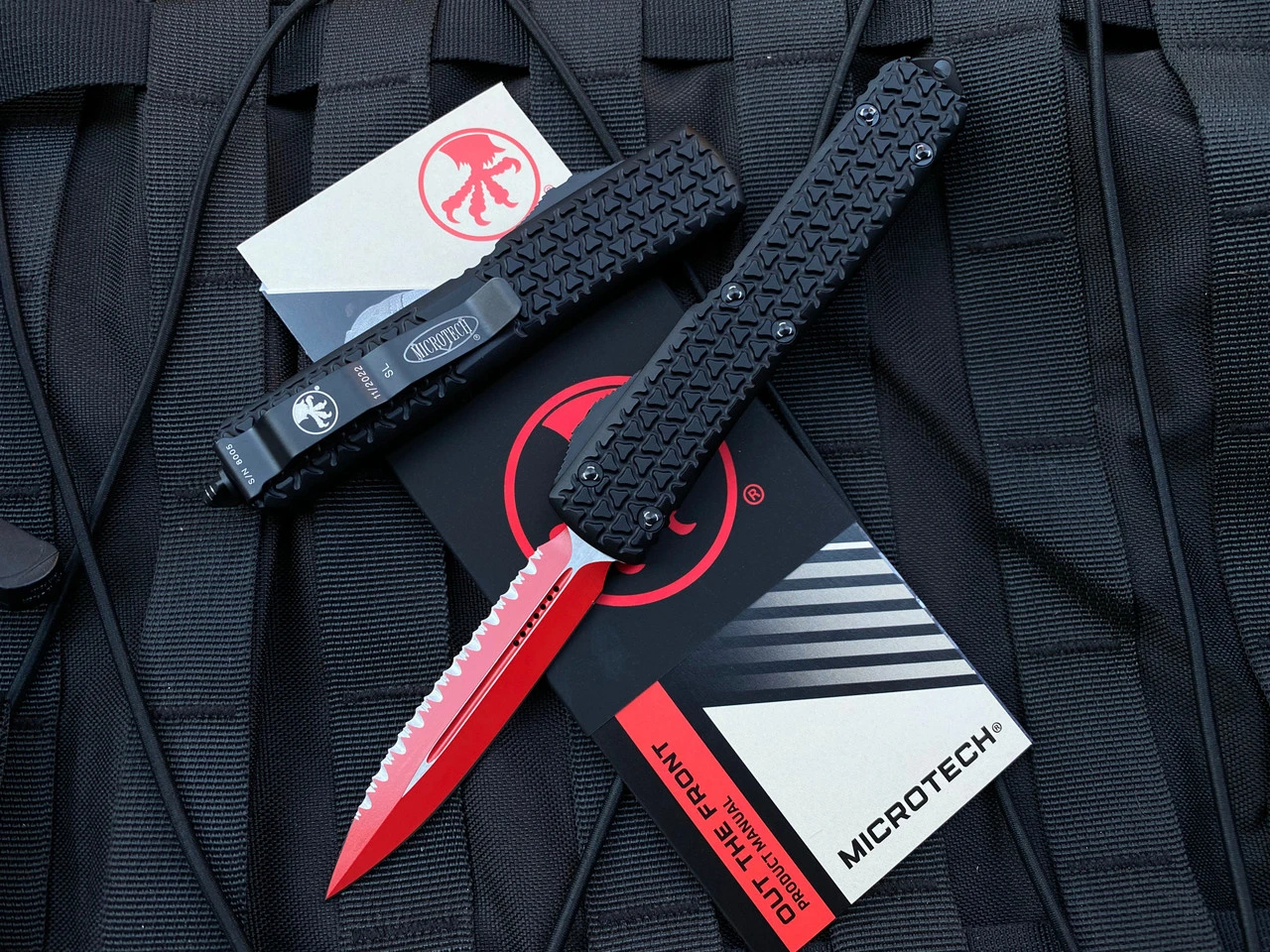 Microtech Ultratech D/E Sith Lord Edition Black Tri-Grip Aluminum Body W/ Ringed Hardware And Red Full Serrated Edge Blade (3.4”) 122-3SL 1 Microtech Ultratech D/E Sith Lord Edition Black Tri-Grip Aluminum Body W/ Ringed Hardware And Red Full Serrated Edge Blade (3.4”) 122-3SL