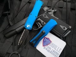 Microtech D/E Blue Aluminum Body W/ Black Full Serrated Blade (3.08") 702-3BL